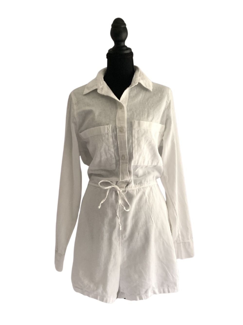 Abercrombie & Fitch White Long-Sleeve Linen Blend Romper Drawstring Waist S Tall